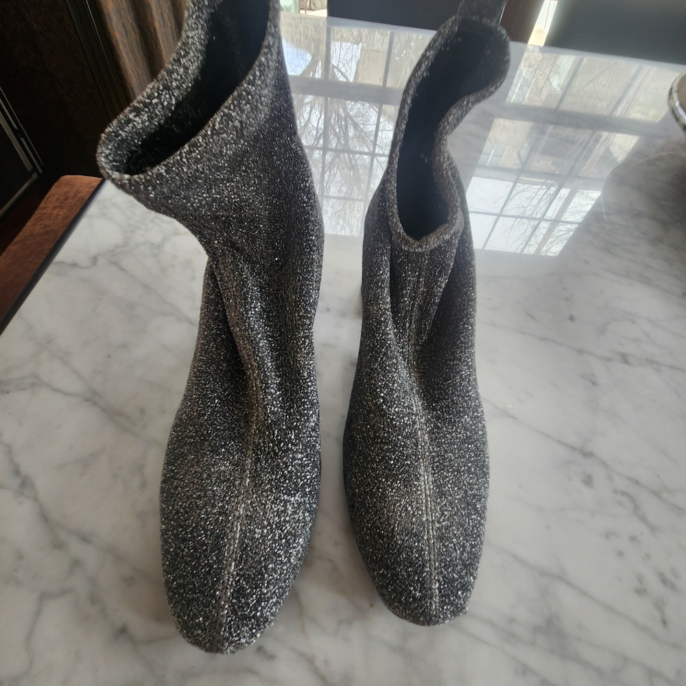 Michael Kors Glitter Sock Ankle Boot, Silver with 2 1/2" mirrored metallic heell